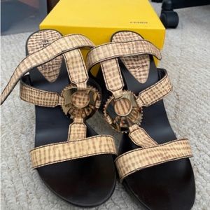 Fendi Zucca wood heeled sandals slides 37.5